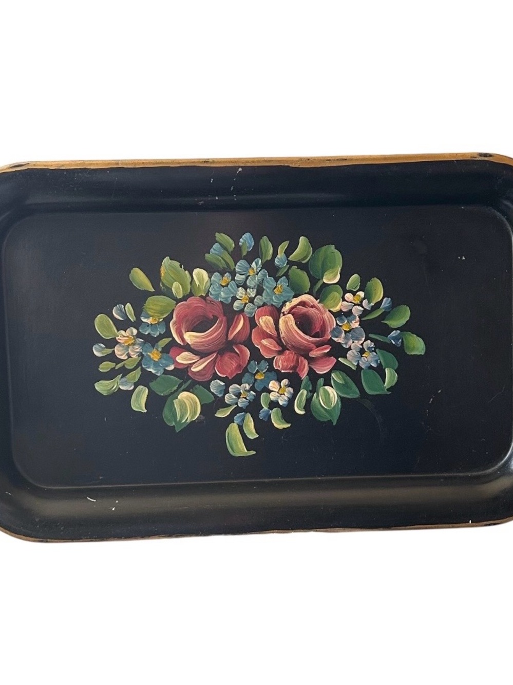 Vintage Mid-Century Hand-Painted Floral Toleware Tray